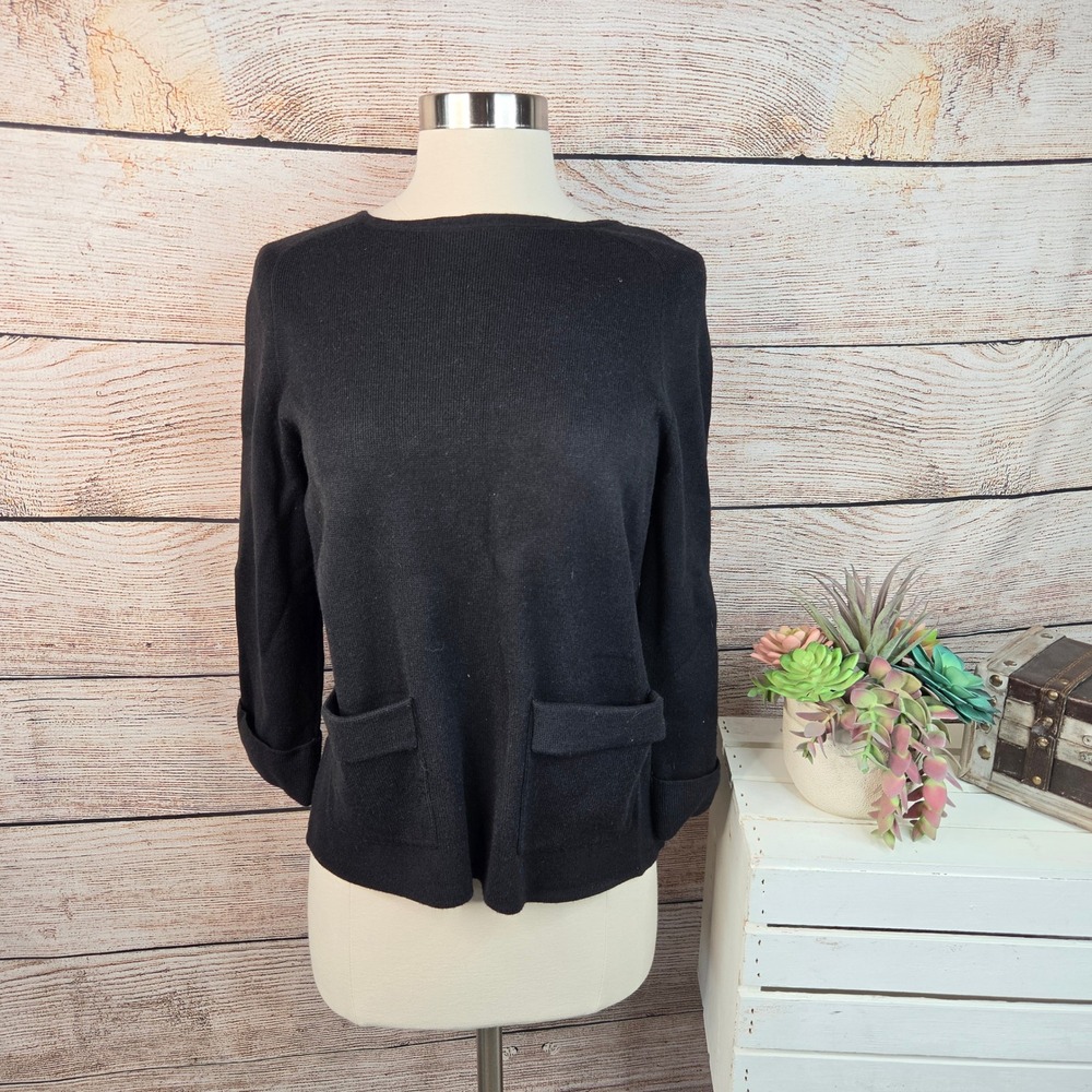 Ann Taylor Black Knit Sweater Womens XS Boat Neck 3/4 Sleeve Patch Pockets